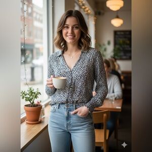 Abercrombie & Fitch Navy and White Floral Shirt NWOT